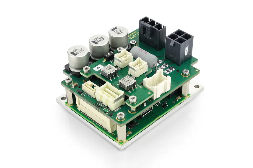 Nanotec CLC15 servo drive: 15 A open-frame motor controller with Field-Oriented Control (FOC) and sensorless closed-loop.
